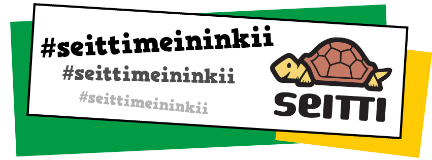 #seittimeininkii hashtag ja logo-kilpikonna